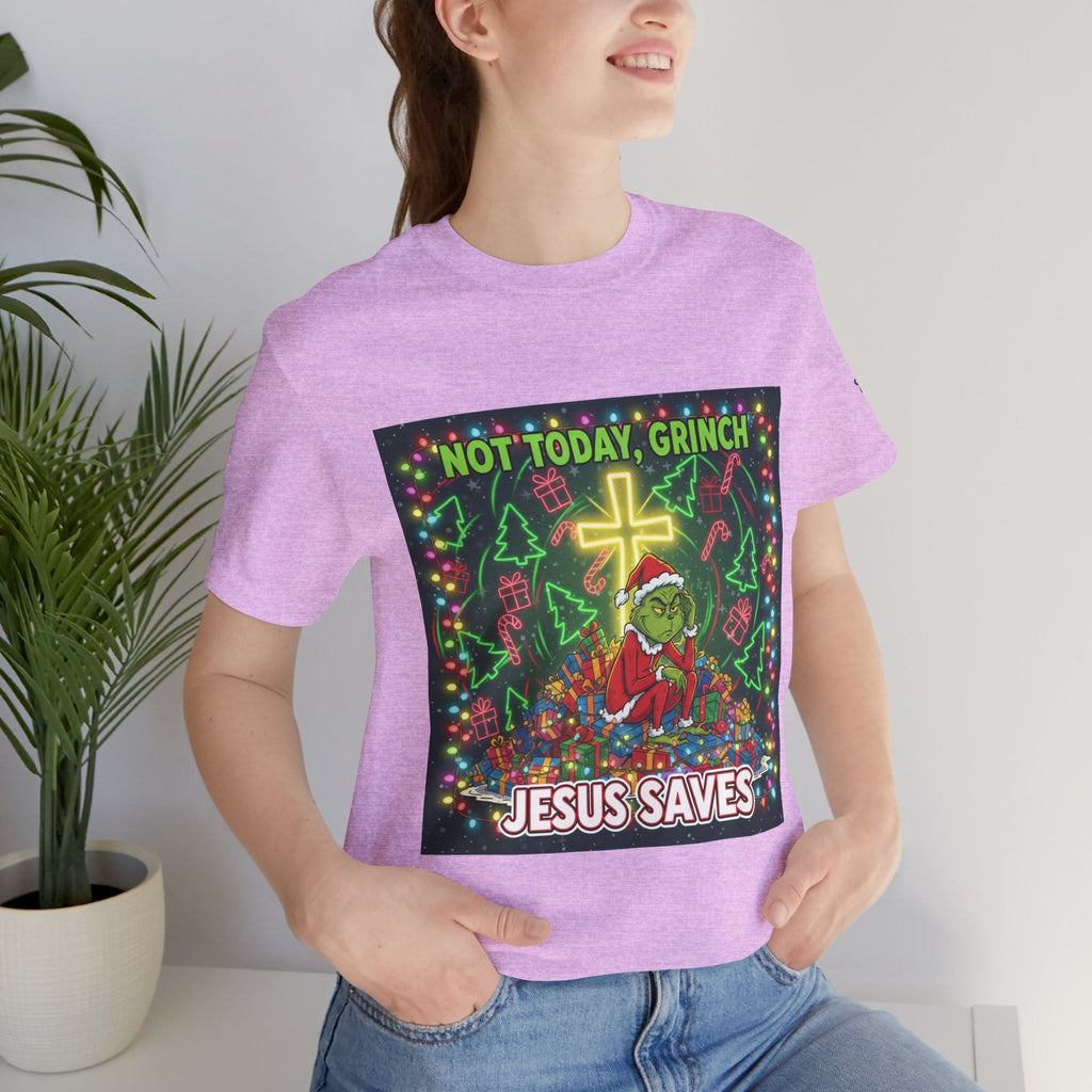🎄 Not Today, Grinch – Jesus Saves | Funny Christian Christmas T-Shirt | Festive Green & Red Cartoon Style | Bold Faith Holiday Tee by Uplifted Gear Printify