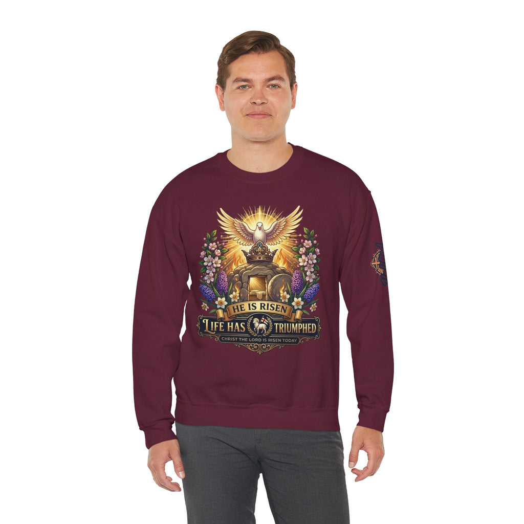 He Is Risen "Life Has Triumphed" Sweatshirt — Easter Resurrection Christian Sweatshirt Printify