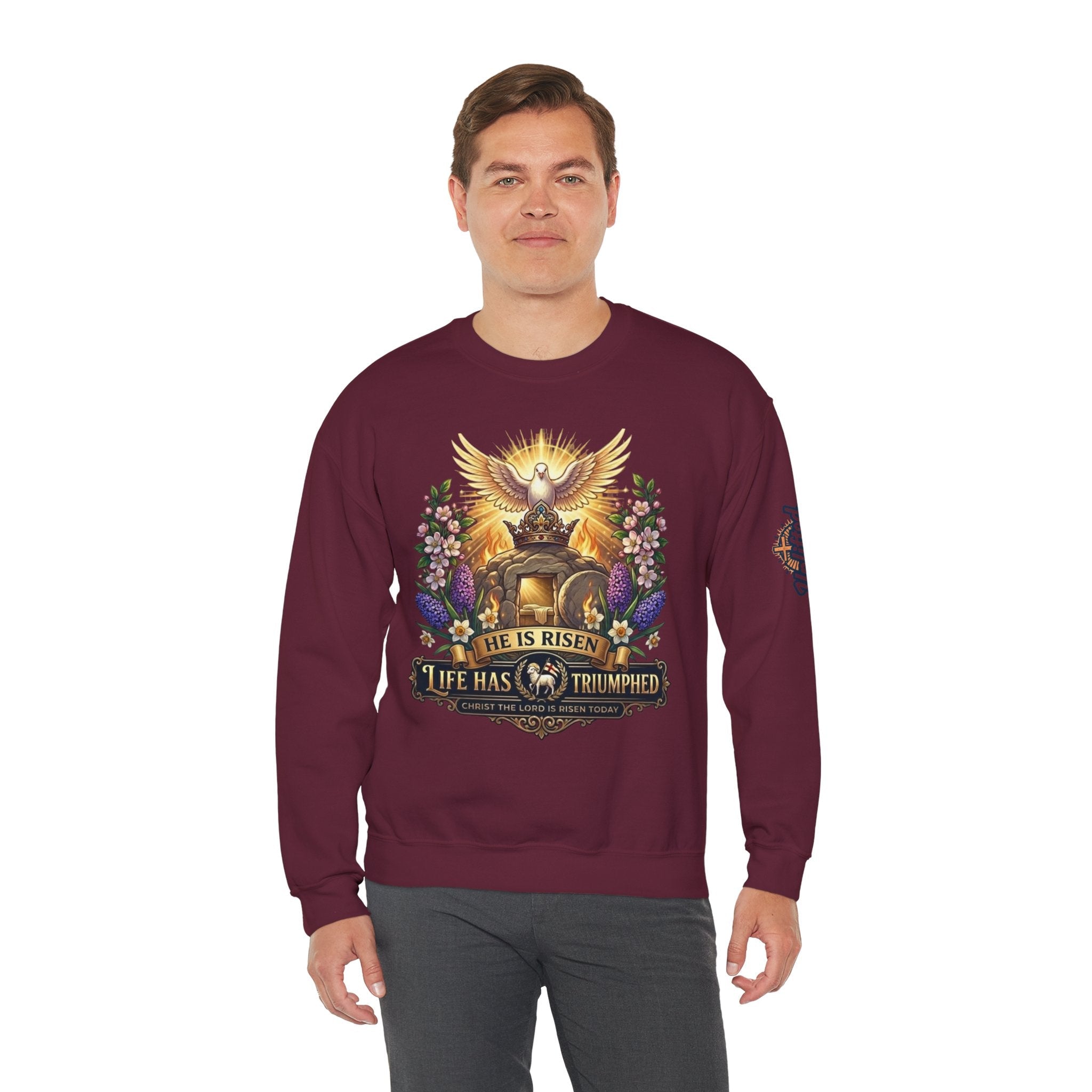 He Is Risen "Life Has Triumphed" Sweatshirt — Easter Resurrection Christian Sweatshirt Printify