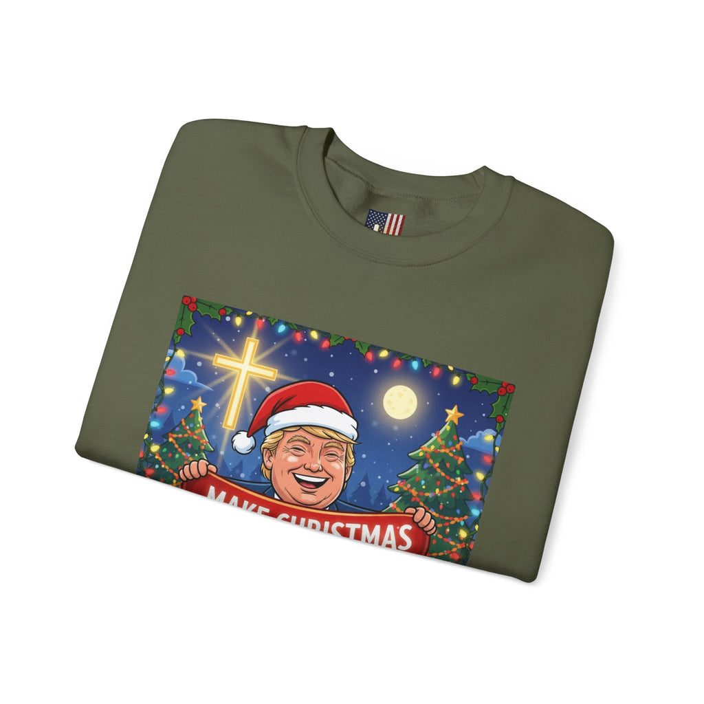 🎄 Make Christmas Great Again – Patriotic Christian Christmas Sweatshirt | Bold Holiday Faith Tee | Red & White Banner Design | Uplifted Gear Printify