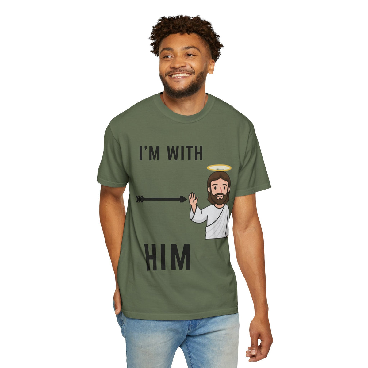 🔥 I’m With Him → Christian T-Shirt | Arrow Pointing to Jesus | Minimalist Faith Tee | Subtle Cross Design | Bible-Inspired Apparel by Uplifted Gear Printify
