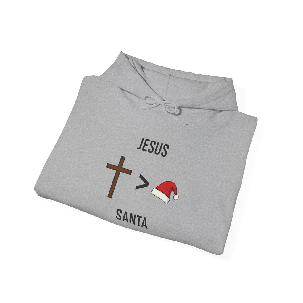 🎄 Jesus > Santa – Minimalist Christian Christmas Hoodie | Bold Faith Over Holiday Tee | Cross vs Santa Hat Design | Uplifted Gear Printify