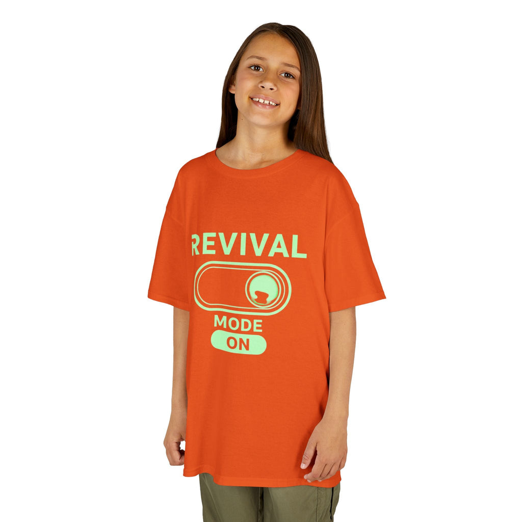 🔥 Revival Mode: ON – Christian Techwear Kids T-Shirt | Glowing Green Faith Switch | Futuristic Jesus Shirt | Activate Your Spiritual Awakening | Uplifted Gear Printify