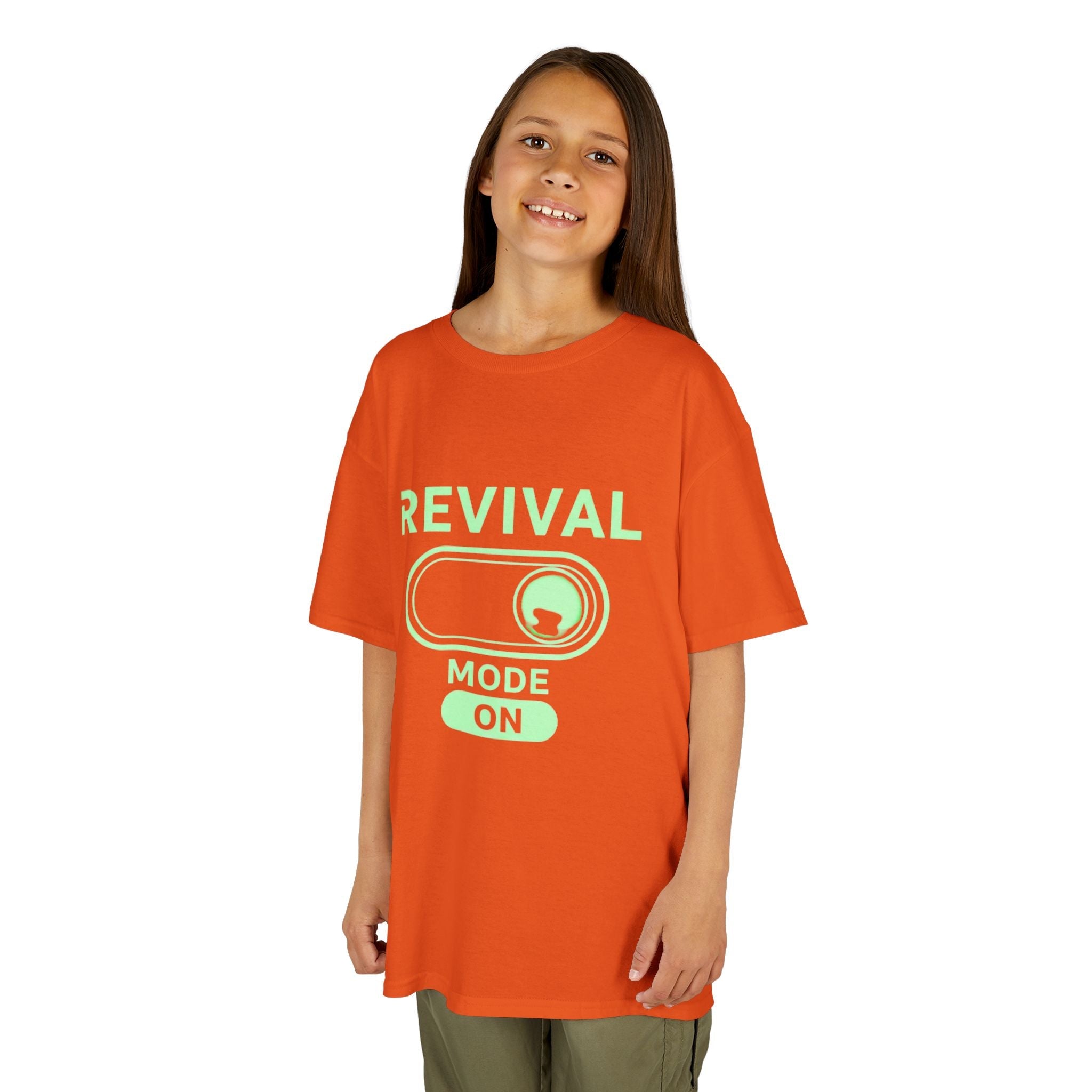 🔥 Revival Mode: ON – Christian Techwear Kids T-Shirt | Glowing Green Faith Switch | Futuristic Jesus Shirt | Activate Your Spiritual Awakening | Uplifted Gear Printify