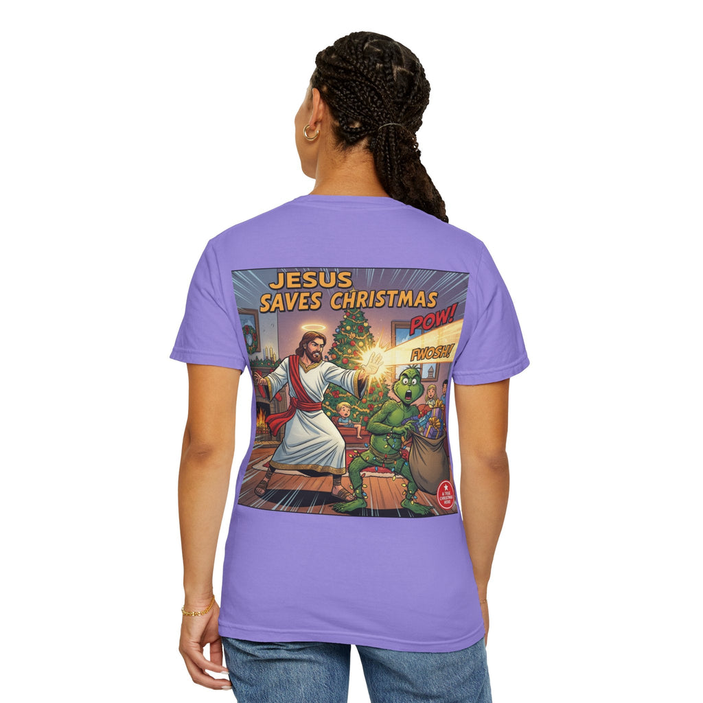 Jesus Saves Christmas T-shirt – Grinch vs Savior Light Battle Christian T-shirt for Hilarious Holiday Faith & True Joy Printify