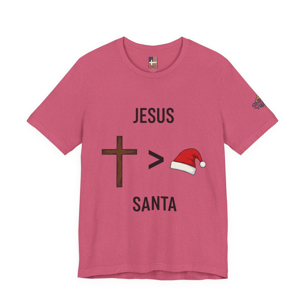 🎄 Jesus > Santa – Minimalist Christian Christmas T-Shirt | Bold Faith Over Holiday Tee | Cross vs Santa Hat Design | Uplifted Gear Printify
