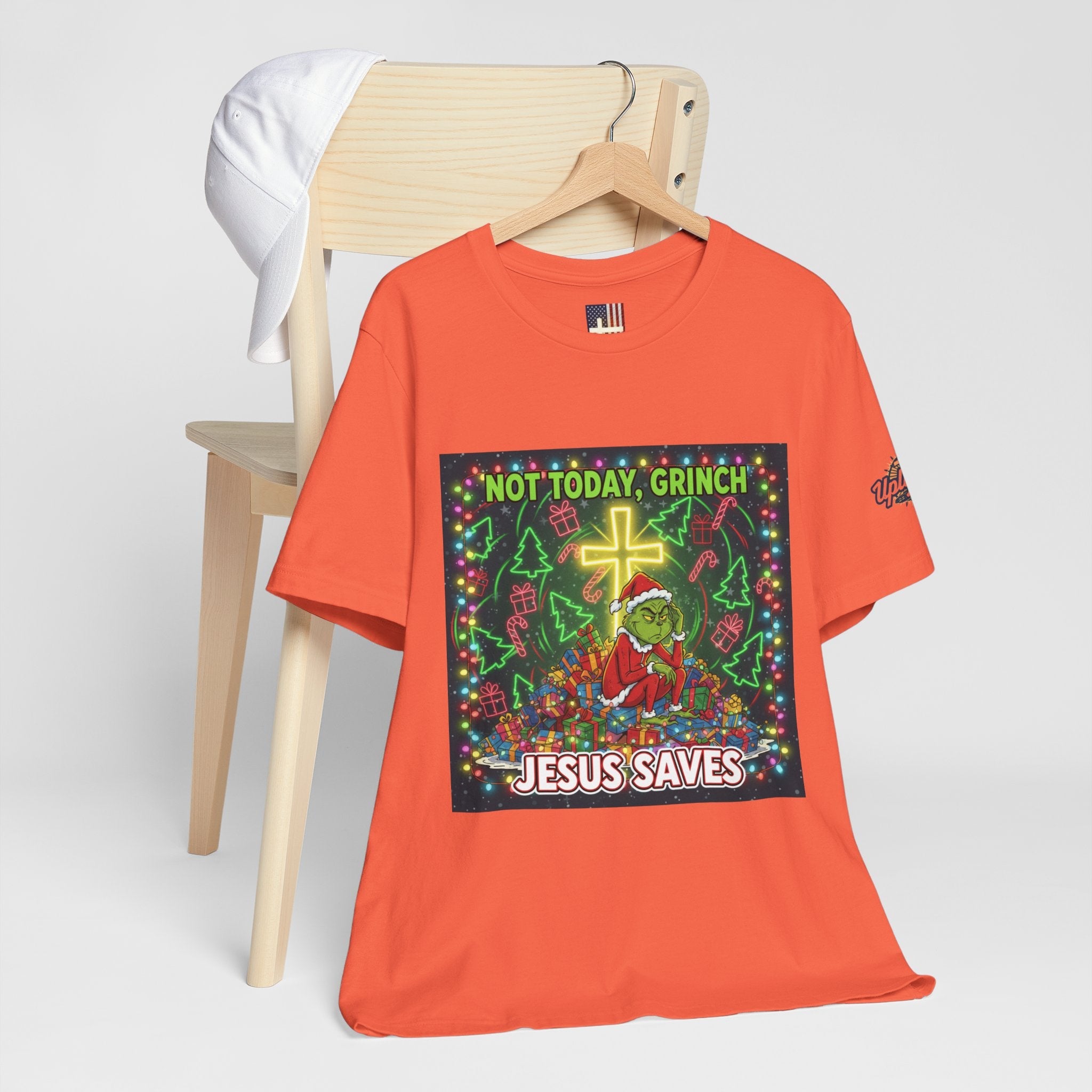 🎄 Not Today, Grinch – Jesus Saves | Funny Christian Christmas T-Shirt | Festive Green & Red Cartoon Style | Bold Faith Holiday Tee by Uplifted Gear Printify