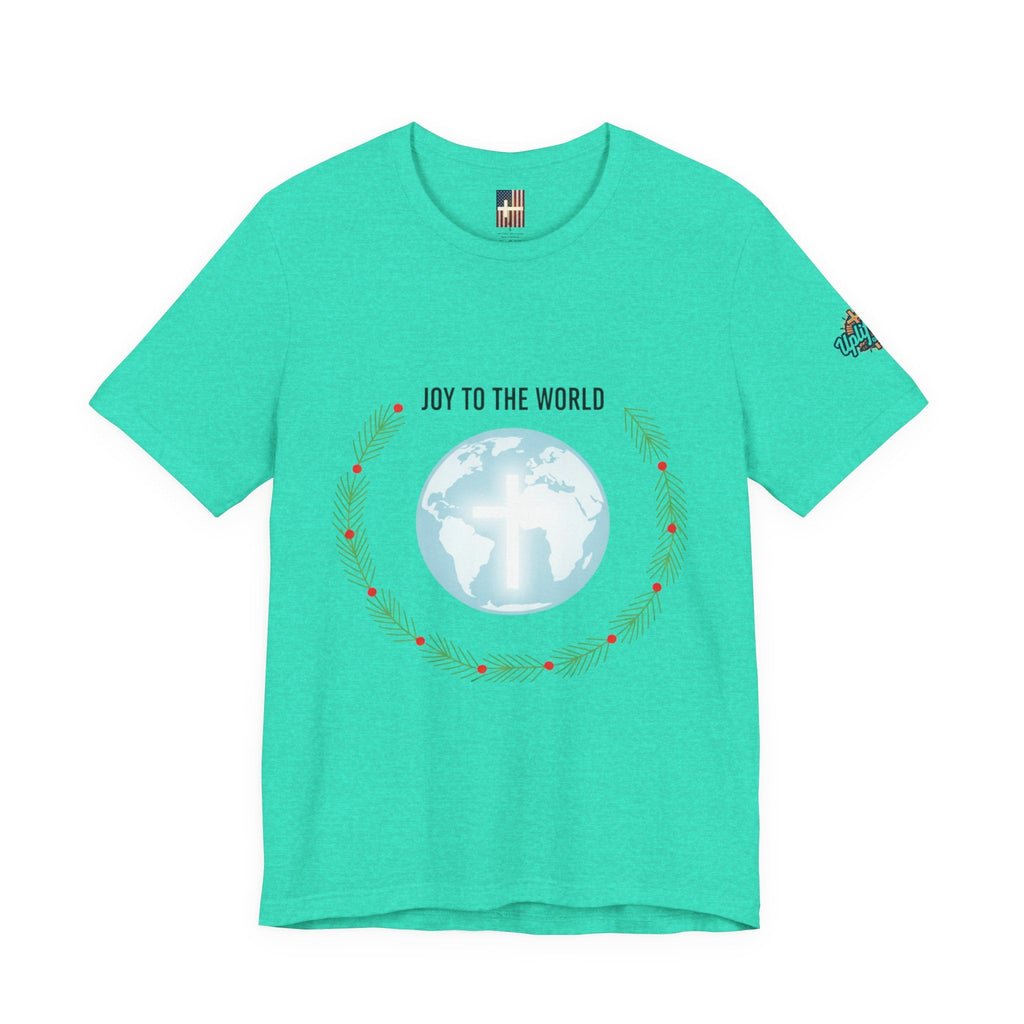 Joy to the World T-shirt – Wreath Earth Nativity Christian Christmas T-shirt for Isaiah 9:6 Holiday Faith & Festive Joy Printify