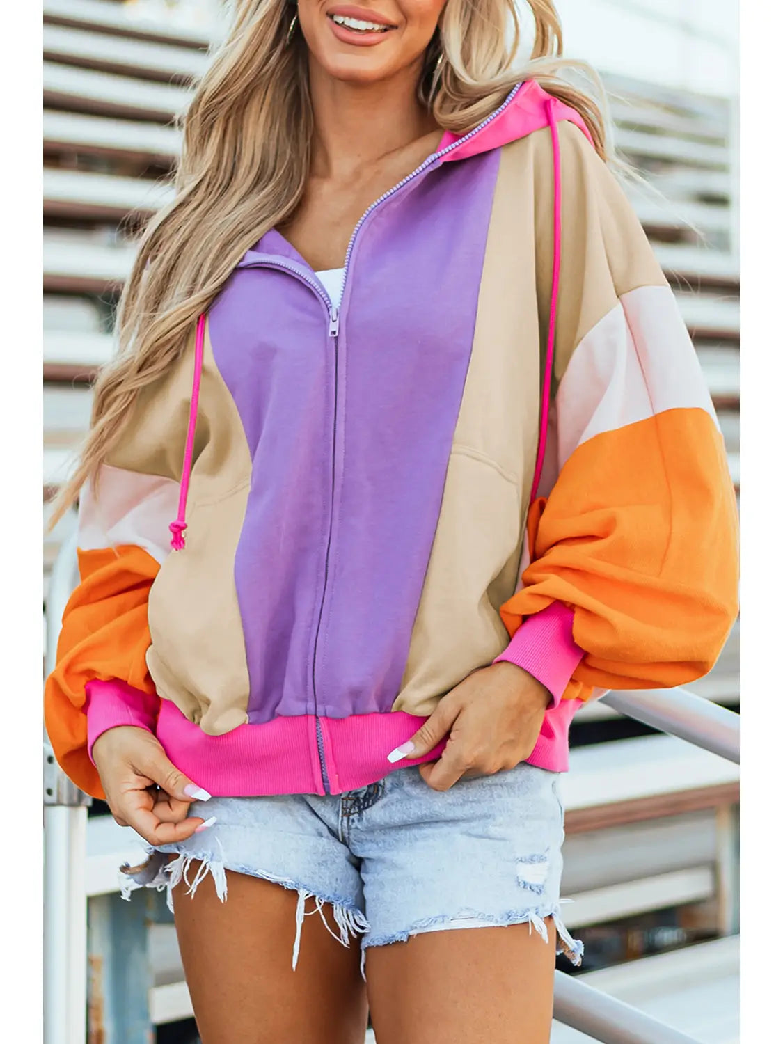 Oversized Pink Purple & Orange Colorblock Zip Hoodie Pretty Little Patriot