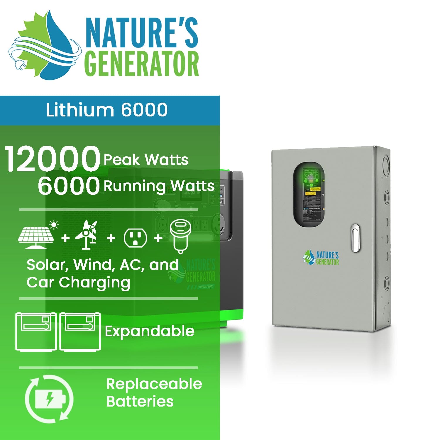 Nature's Generator Lithium 6000 and Transfer Switch Nature's Generator