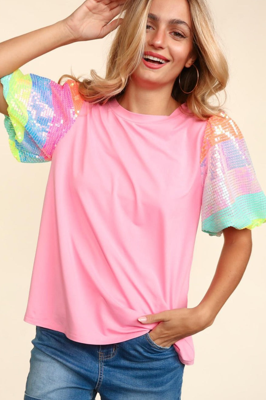 Rainbow Pastel Sequin Puff Sleeve Top Pretty Little Patriot