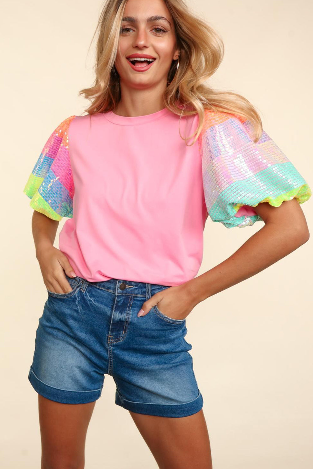 Rainbow Pastel Sequin Puff Sleeve Top Pretty Little Patriot