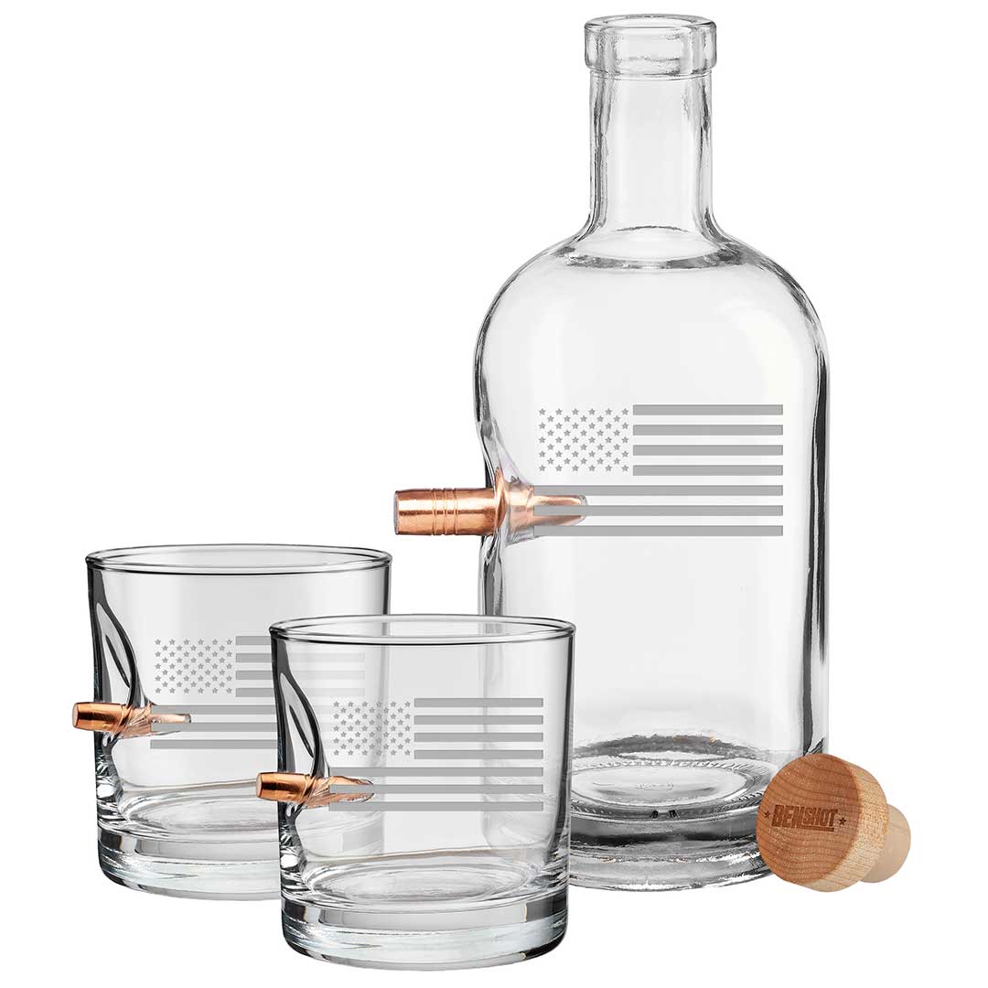 US Flag Decanter and Two Rocks Glasses BenShot